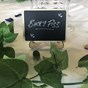 mini blackboard with bucks fizz written in chalk on table behind green ivy leaves