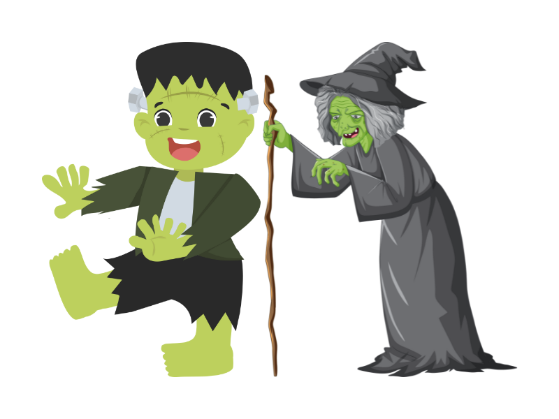 cartoon Frankenstein's monster and wicked witch