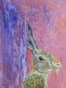a canvas painting with a hare hiding at the side of a tree trunk in a pink, purple, lilac misty woodland forest scene.
