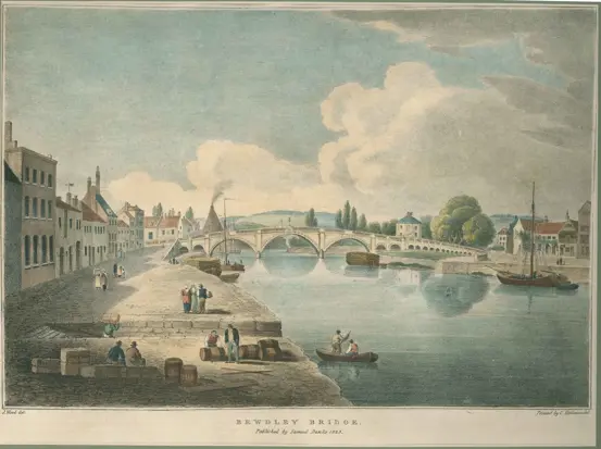 postcard image of an old town in Georgian times, includes the main river crossing bridge and the River Severn