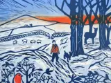 blue and white lino prints of a snow scene