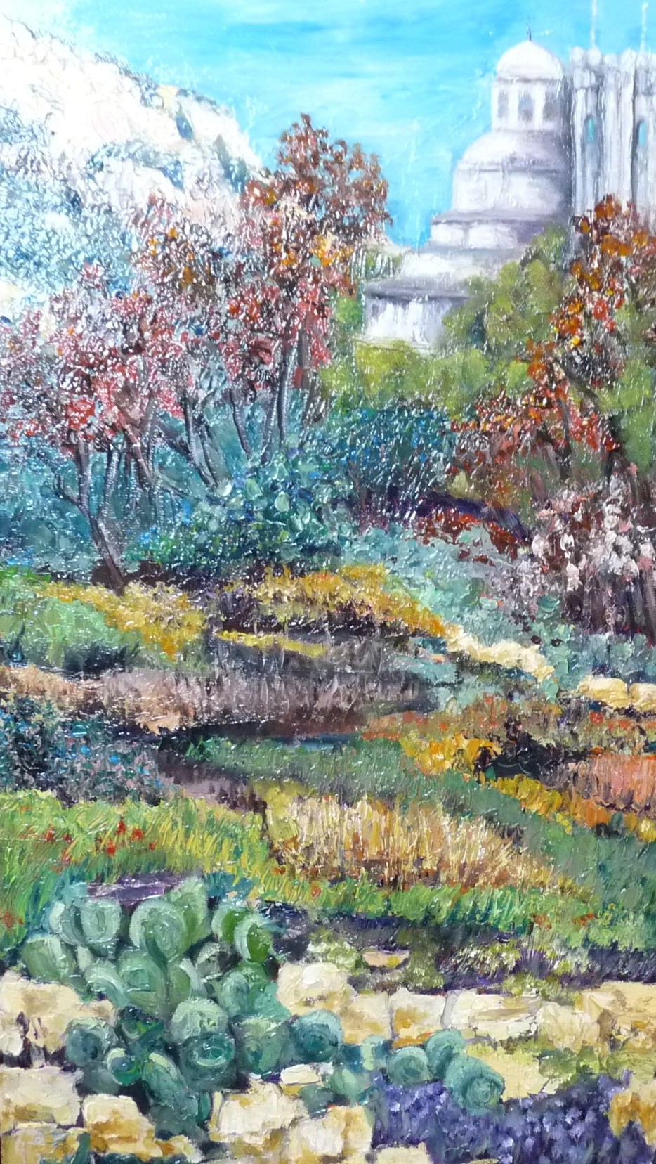serene painting full of pastel colours of a stream and woodland