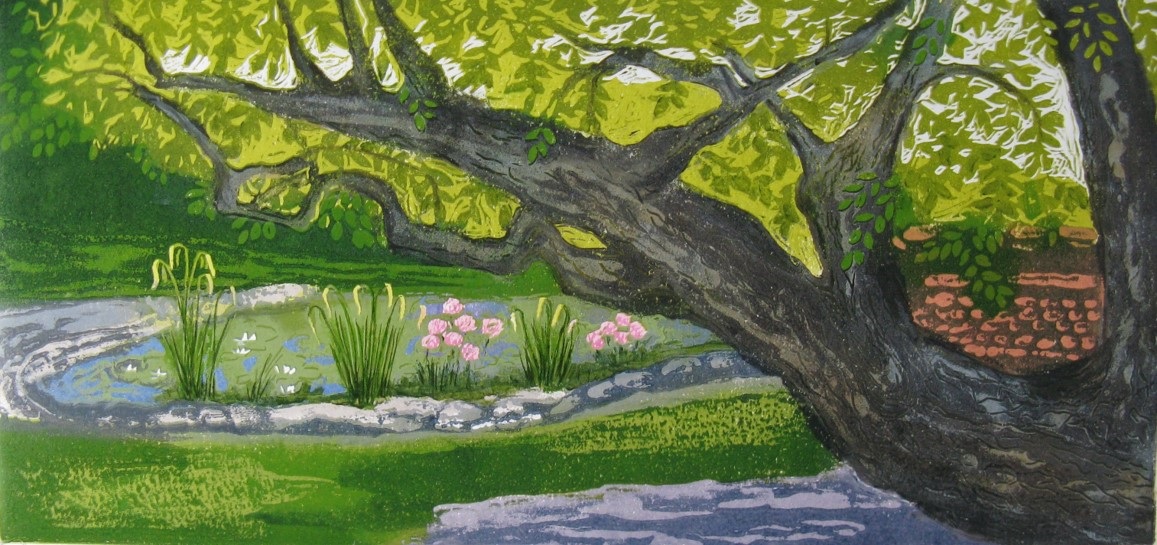 vibrant painting of tree over pond