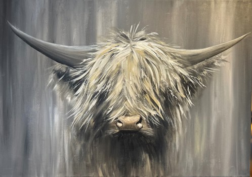 painting of a highland cow close up on face