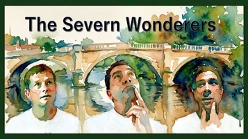 water painting of three musicians with each one placed under the arch of a river bridge and looking upwards at it