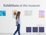 young woman in art gallery under words exhibitions at the museum