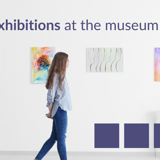 young woman in art gallery under words exhibitions at the museum