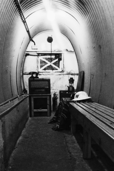 black and white photo of air raid shelter