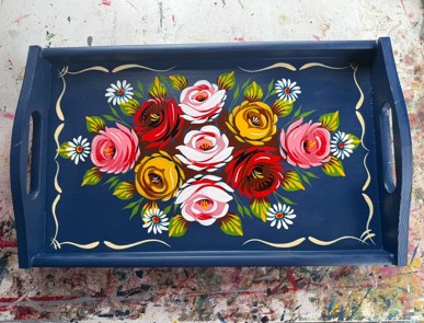 wooden tray painted with colourful roses