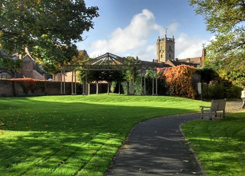 sunny garden with large wooden pergola in stage formation. 